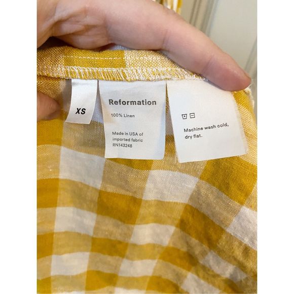 Reformation Beverly Linen Wrap Dress Yellow White Check, Size XS, Deep V Neck 💛 - Picture 11 of 12